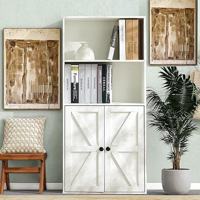 White 4-Tier Bookshelves for Living Room, Farmhouse Tall Bookcase with Doors, Wooden Bookshelf with Storage Cabinet and Shelves for Living Room, Home Office
