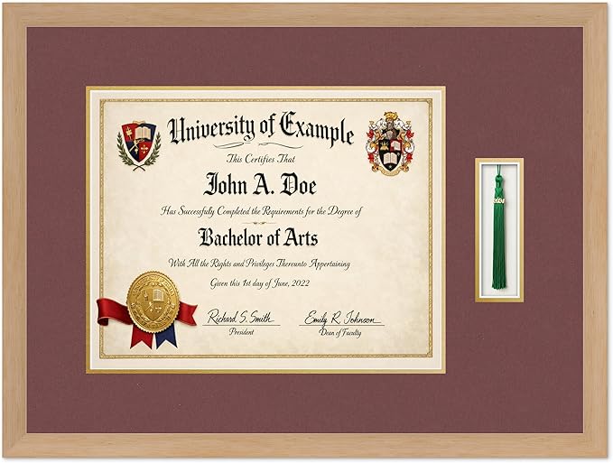 CountryArtHouse Diploma and Tassel Frame Fits 15 x 12 Military/Government with Tassel Hook Natural Wood Genuine Hardwood Shadowbox with Dark Red Over Metallic Gold Double mat