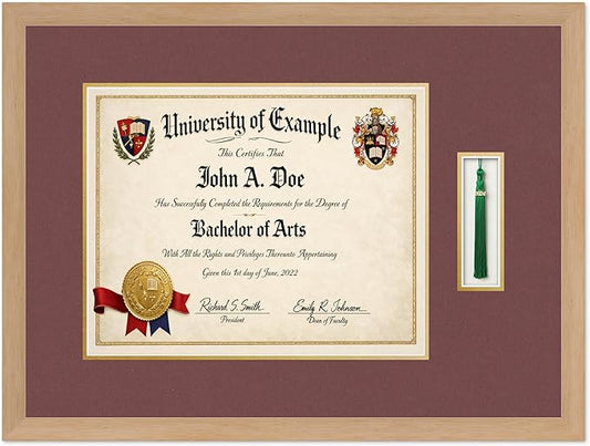 CountryArtHouse Diploma and Tassel Frame Fits 15 x 12 Military/Government with Tassel Hook Natural Wood Genuine Hardwood Shadowbox with Dark Red Over Metallic Gold Double mat