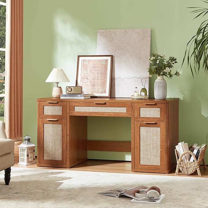 LEYAOYAO Office Desk 56" with 5 Drawers Storage File Cabinet Rattan Wood Desk for Computer Office Bedroom Home Furniture Brown