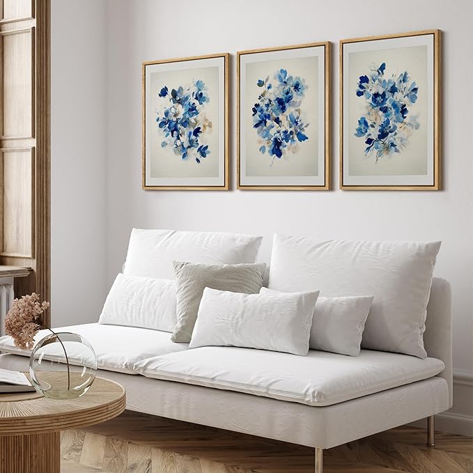 SIGNFORD Framed Wall Art Print Set Blue Blossom Watercolor Floral Botanical Digital Art Modern Art Contemporary for Living Room, Bedroom, Office - 16"x24"x3 NATURAL