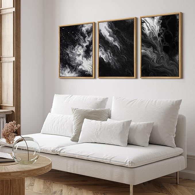 SIGNFORD Framed Wall Art Print Set Black and White Marble Abstract Modern Fluid Digital Art Modern Art Contemporary for Living Room, Bedroom, Office - 24"x36"x3 Natural