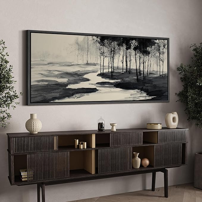 SIGNFORD Extra Large Framed Canvas Print Wall Art Minimalist Ink Forest Landscape Illustrations Modern Art Calm Warm for Living Room, Bedroom, Office - 60"x30"