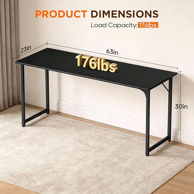 PayLessHere | 63 Inch Computer Desk | Black | Office Desk with Metal Frame, Adjustable Feet | Water-Resistant, Scratchproof Surface | Sturdy Writing Table for Home Office or Study | Pack of 1