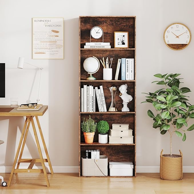 Giantex 5-Tier Bookshelf Set of 2, Freestanding Bookcase with 5 Open Shelf, Modern Display Shelf, Storage Organizer for Living Room Bedroom Home Office, Rustic Brown