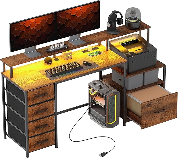 HOMCOM 67" Gaming Desk with File Cabinet and Fabric Drawers, Computer Table with Power Outlets and LED Lights, Monitor Stand and Printer Shelf, for Home Office Desk, Rustic Brown