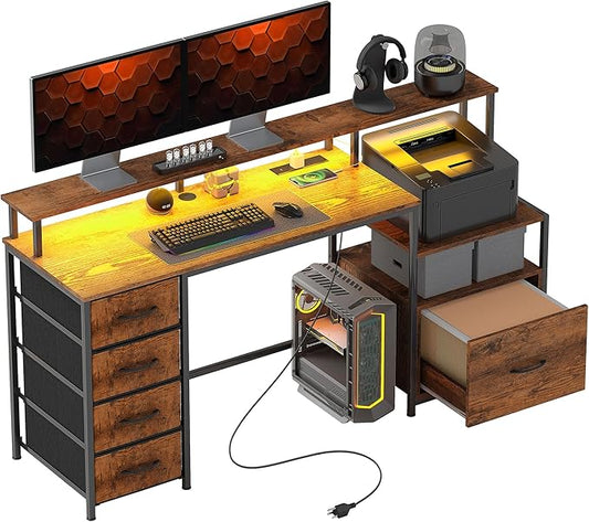 HOMCOM 67" Gaming Desk with File Cabinet and Fabric Drawers, Computer Table with Power Outlets and LED Lights, Monitor Stand and Printer Shelf, for Home Office Desk, Rustic Brown