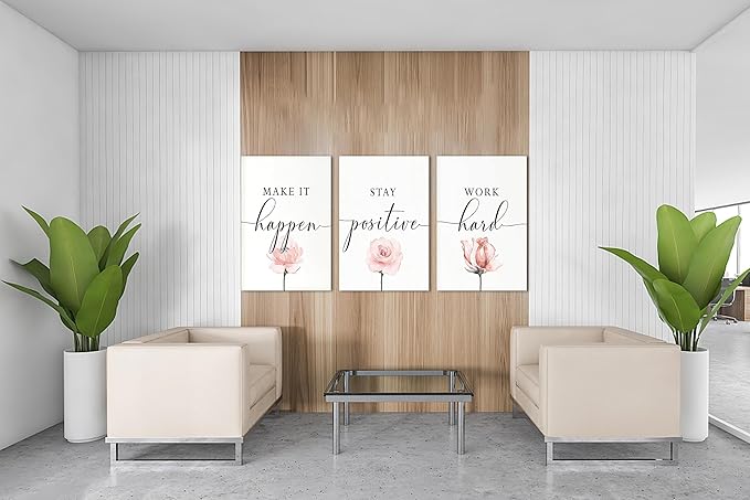 SHMAO 3 Piece Office Canvas Wall Art, Motivational Quotes Poster Flowers Print Pictures Wall Decor for Office, Women Inspirational Framed Artwork Home Office Decor 20''x30'' x 3 Pcs