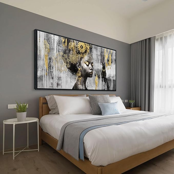 KLAKLA Black Wall Art - African American Black Girl Wall Art Colorful Black African Woman Black and Gold Picture Framed Wall Decor for Living Room Bedroom Home Decoration