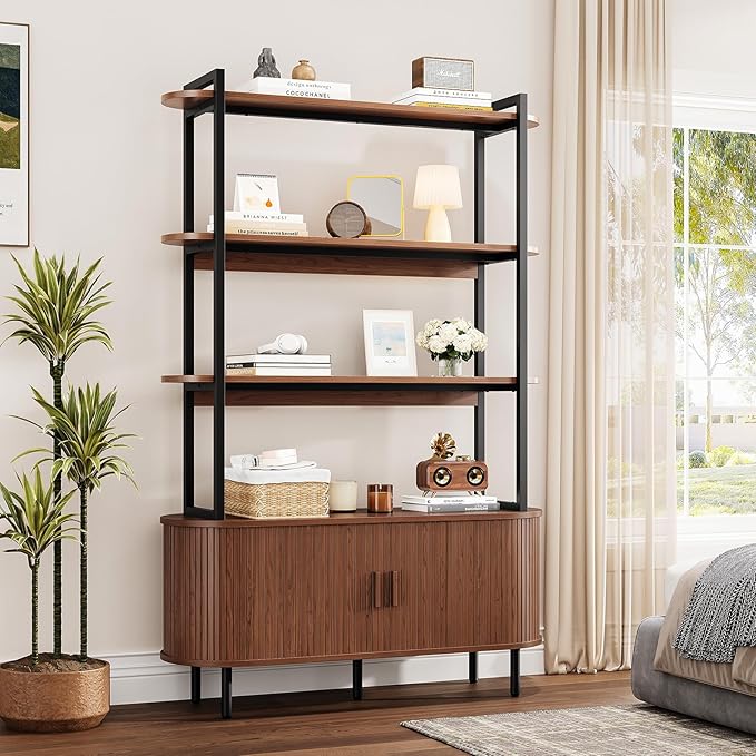 5 Tier Bookshelf with Fluted Cabinet, Tall Bookcase with Sliding Door, Metal and Wood Display Shelf, Free Standing Storage Shelving Unit, Corner Storage Organizer for Living Room, Home Office, Walnut