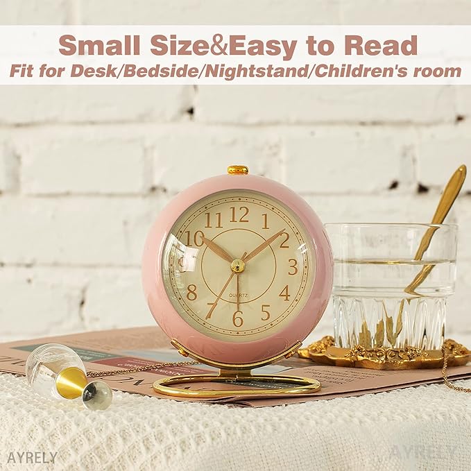 AYRELY® Battery Operated Desk Alarm Clock with Light,Silent No Ticking,Small Table Clock for Bedside/Bedroom/Living Room/Office/Travel/Kids/Room Decor Aesthetic Vintage(Pink)