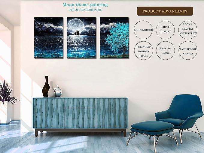 Moon Wall-Art For Bedroom - Teal Wall Art For Living Room - Ocean Tree Home Wall Decor 3 Pieces Framed Canvas Art 16x24 Inches