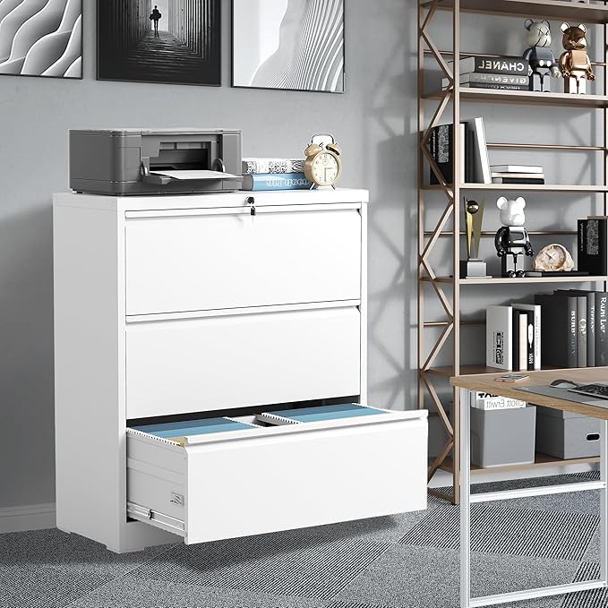 File Cabinets 3 Drawer,Metal Office Storage Filing Cabinet with Lock,White Lateral Filing Cabinet for Home Office,Horizontal Locking File Cabinets for Legal/Letter/A4 Files,Assembly Require