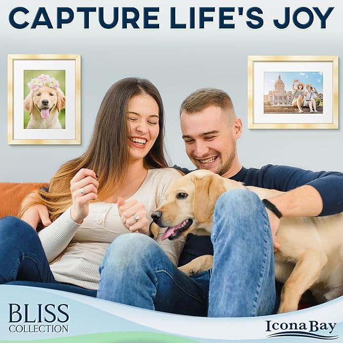 Icona Bay - 12x16 Gold Picture Frame with Removable Mat to 9x12 Photo - Modern Style Engineered Wood Poster Frame - Wall Mount Only - Bliss Collection