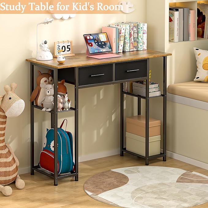 Computer Desk with Drawers, 37.3 Inch Home Office Work Desk with Storage Shelf, Kids Teens Study Table for Small Space, Small Writing PC Table for Bedroom Makeup Vanity Desk, Brown