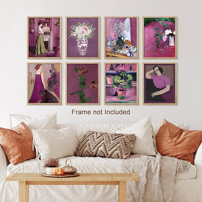 SIGNWIN Adhesive Canvas Poster Bathroom Decor 11"x14"x 8, Wall Art Room Decor Multicolor for Living Room, Bedroom, Office Pink & Purple Female Portrait & Flowers Vintage Illustrations Bohemian