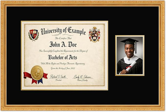 CountryArtHouse Fits 15 x 12 Military/Government and 5 x 7 Photo Diploma and Photo Frame Museum Gold Genuine Hardwood with Black Over Metallic Gold Double mat