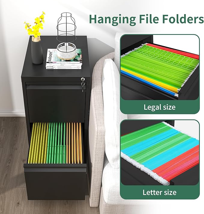 2 Drawer File Cabinet, Vertical File Cabinets with Lock for Home Office,Heavy Duty Office Steel Filing Cabinet for Hanging Letters/Legal/A4, Assembly Required (Black)