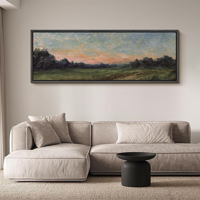 SIGNFORD Large Framed Canvas Quiet Green Field at Dusk Illustrations Modern Art Calm Warm for Living Room, Bedroom, Office - 60"x20"