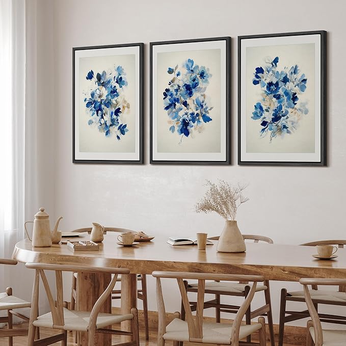 SIGNFORD Framed Wall Art Print Set Blue Blossom Watercolor Floral Botanical Digital Art Modern Art Contemporary for Living Room, Bedroom, Office - 16"x24"x3 BLACK