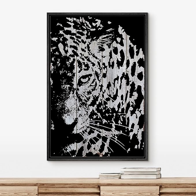 IDEA4WALL Framed Canvas Print Wall Art Grayscale Spotted Leopard on Light Wood Panels Animals WildLife Illustrations Modern Art Tropical Portrait for Living Room, Bedroom, Office - 24"x36" BLACK