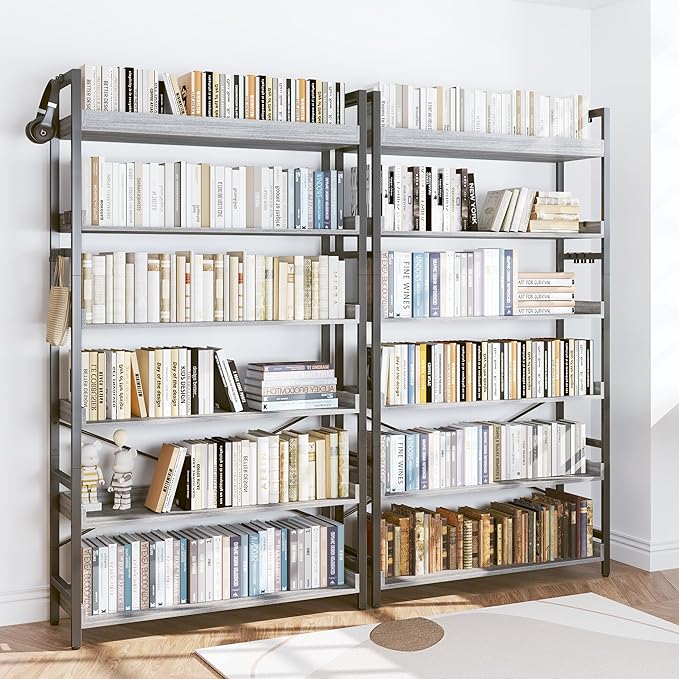 HCHQHS Bookshelf, Adjustable Industrial Bookcase, Vertical Tall Book Shelf, Wood and Black Metal Open Bookshelves for Home Office, Living Room, Bedroom (Grey, 6-Tier (31" W x 70" H))