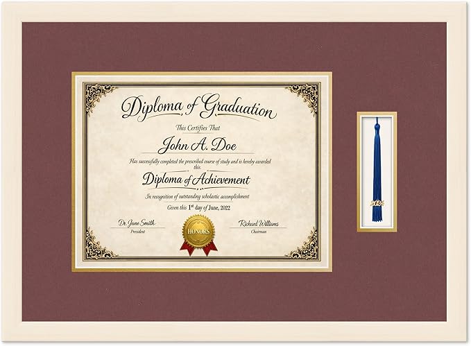 Diploma Frame with Tassel Holder Coastal Whitewash Shadowbox Dark Red Over Gold Mat - Fits 13 x 10 Degree Made in the USA