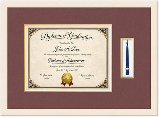 Diploma Frame with Tassel Holder Coastal Whitewash Shadowbox Dark Red Over Gold Mat - Fits 13 x 10 Degree Made in the USA