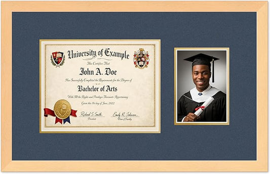 CountryArtHouse Fits 11 x 8.5 US Letter Certificate and 5 x 7 Photo Diploma and Photo Frame Natural Wood Genuine Hardwood with Navy Blue Over Metallic Gold Double mat