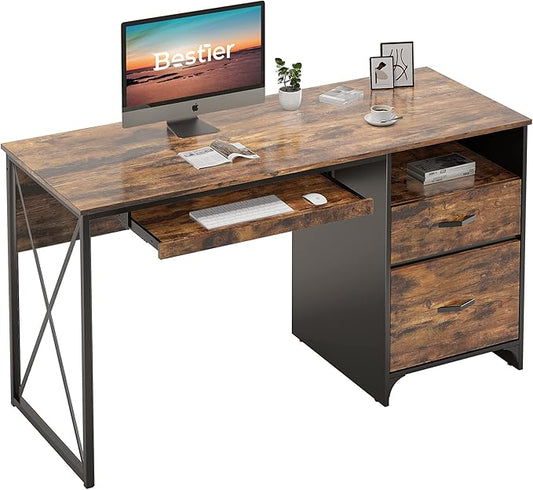Bestier Office Desk with Drawers, 55 inch Industrial Computer Desk with Storage, Wood Teacher Desk with Keyboard Tray & File Drawer for Home Office, Rustic Brown
