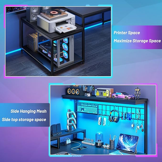 63.5" L Shaped Gaming Desk with LED Lights & Power Outlets, Computer Desk with Shelves & Hooks & Monitor Stand and Printer Space for Home Office, Corner Desk of Study Room, Bedroom, Black
