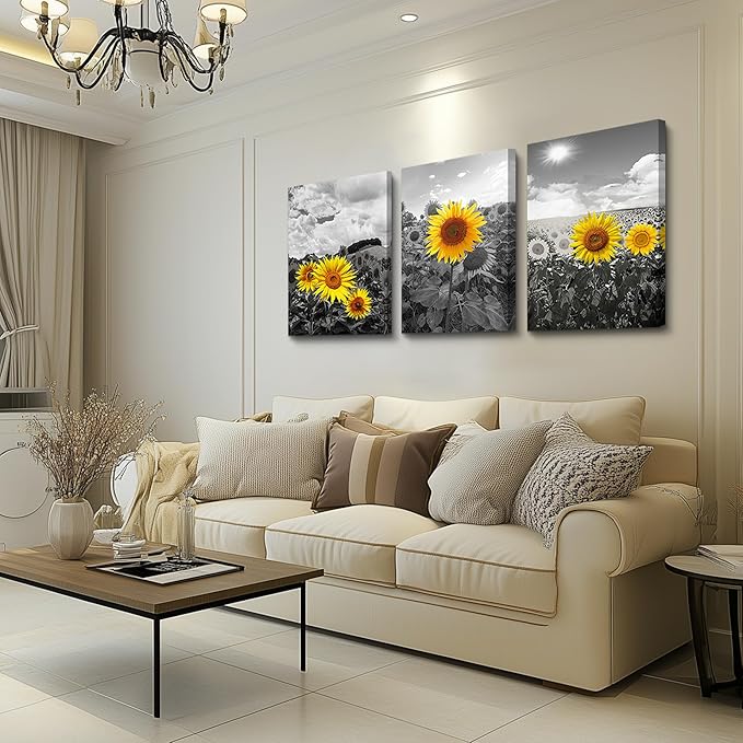 Large Size Canvas Wall Art For Living Room Family Bedroom Wall Painting Decoration,Bathroom Wall Decor Kitchen Home Decoration Black And White Sunflower Flowerswall Pictures Artwork,20x28 3 Piece