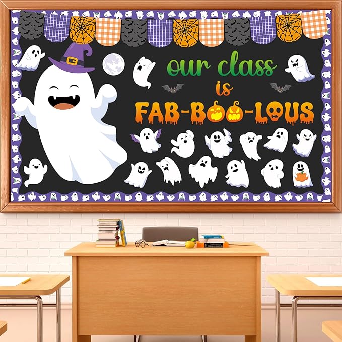Halloween Ghost Bulletin Board Set Boo Ghost Bat Patterned Classroom Decorations Cute Halloween Paper Cutouts for Office School Birthday Chalkboard Wall Door Decor