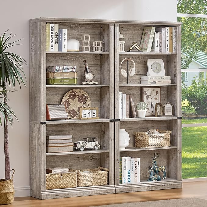 70" Grey Tall Bookshelf Set of 3,5-Tier Thick Wooden Book Shelf with Adjustable Shelves,Free Standing Farmhouse Bookcase with Open Display Storage,Floor Vintage Bookshelves for Living Room