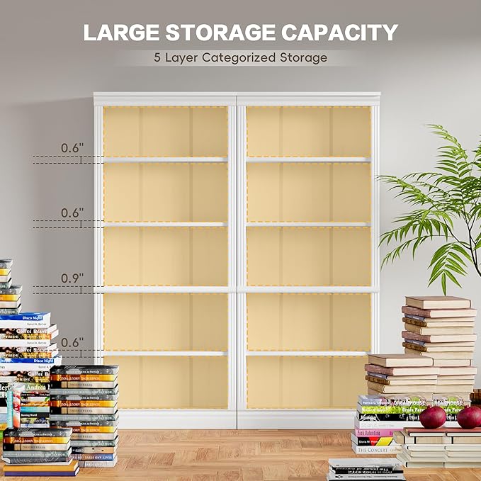 Shahoo 72" Bookcase and Bookshelf, 5-Tier Wood Bookcases with Shelves, Tall Floor Standing Book Shelf Storage Cabinet Home Decor Furniture for Living Room, Home Office 2 Pcs, White