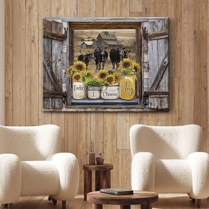 Parylore Sunflower Mason Jars on Rustic Window Wall Art Angus Cows Kitchen Decor Farmhouse Picture Framed Modern Artwork For Living Room Bedroom Home 12x16 In