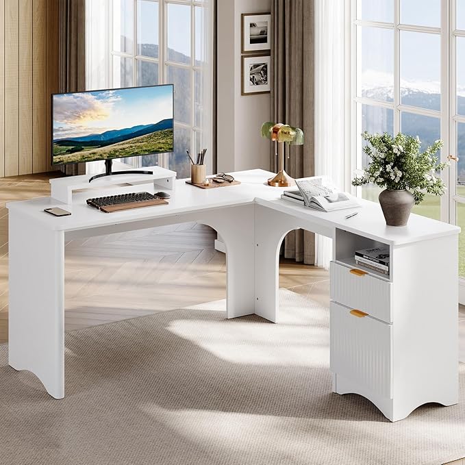 Bestier L Shaped Desk with File Drawer, 55.7" x 55" Office Computer Desk with Round Corners, Modern Desk with Monitor Stand & Fluted Panels for Home Office, White
