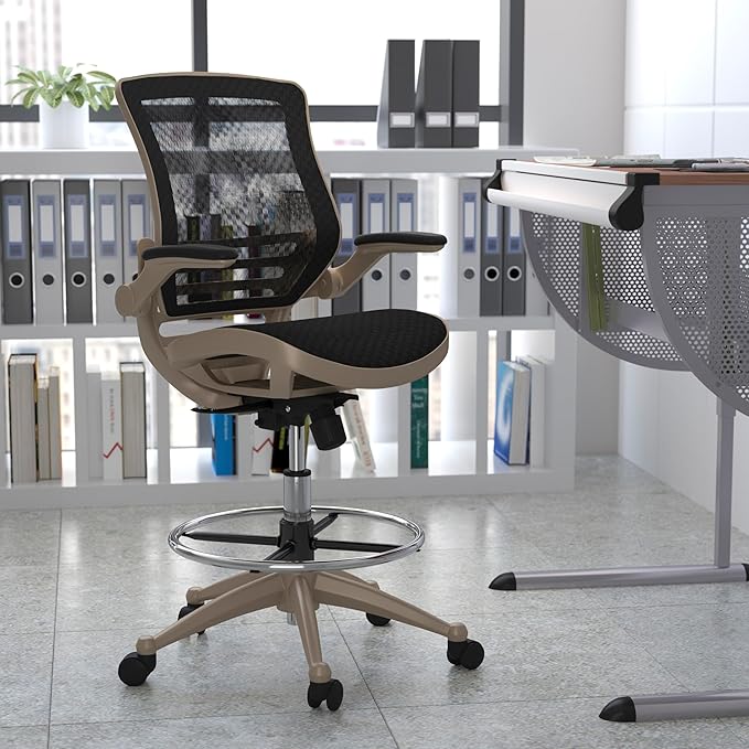 Flash Furniture Waylon Mid-Back Swivel Office Chair with Adjustable Foot Ring and Seat Height, Ergonomic Mesh Chair with Armrests, Black/Gold