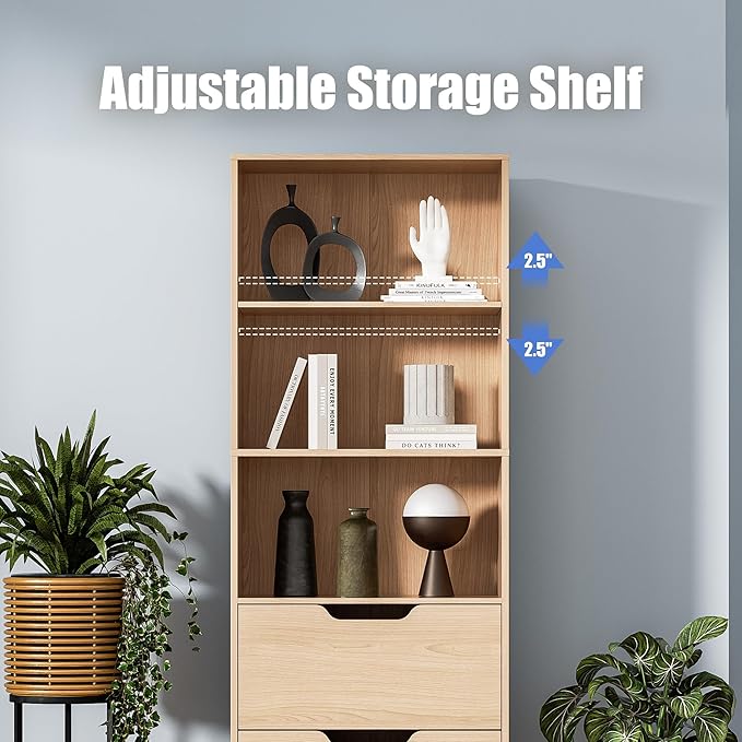 Bookcase with 2 Drawers, 63" 3-Tier Bookshelf with Storage, 3 Shelf Bookshelf with Adjustable Shelf, Modern Bookshelf, Open Shelves Bookcase for Study, Bedroom & Home Office, Oak
