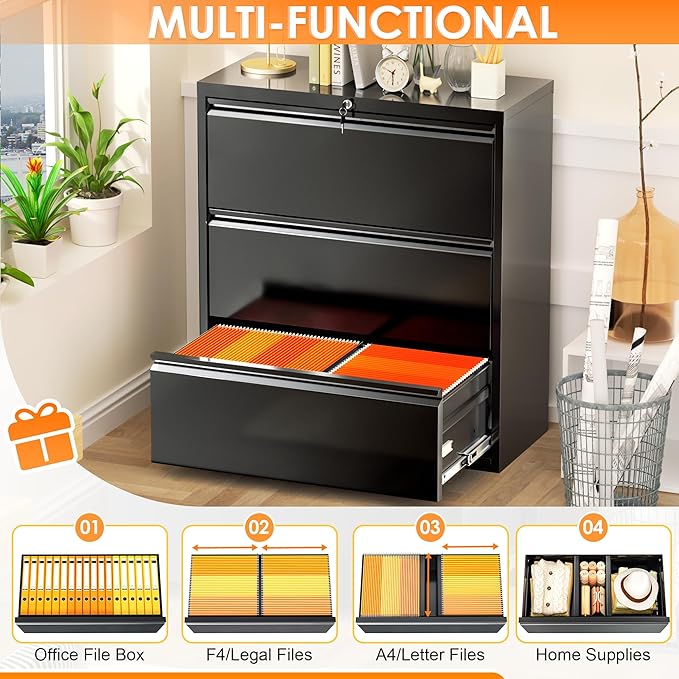 INTERGREAT File Cabinet 3 Drawers, Lateral Filing Cabinet for Home Office, Locking Horizontal File Cabinet for Hanging Files Letter/Legal/F4/A4, Black Metal, Easy Assemble