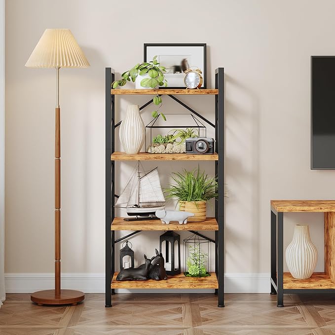 4 Tier Bookshelf, Industrial Bookcase with Metal Frame and Sidebars, Small Bookshelf for Bedroom, Home Office and Living Room, Rustic Brown