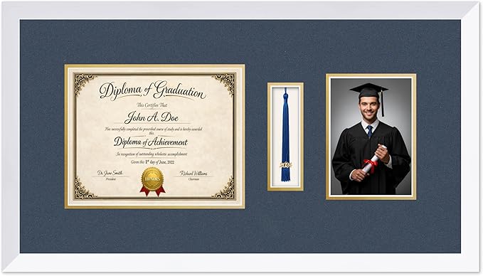 Diploma Tassel and Photo Frame Bright White Shadowbox Navy Blue Over Gold Mat - Fits 10 x 8 Degree Picture Made in the USA