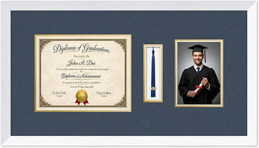 Diploma Tassel and Photo Frame Bright White Shadowbox Navy Blue Over Gold Mat - Fits 10 x 8 Degree Picture Made in the USA