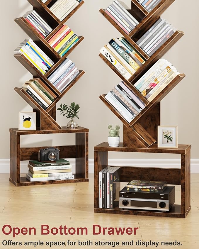 7 Tier Tree Bookshelf with Clock and Storage Cabinet, Small Narrow Floor Standing Bookcase for Bedroom, Living Room, Home Office, Rustic Brown
