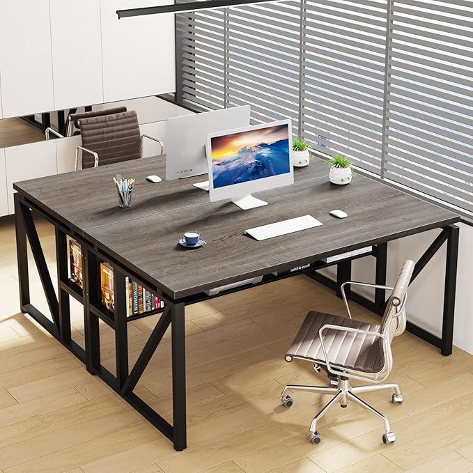 Tribesigns 55 inches Computer Desk with Bottom Storage Shelf Home Office Desk Writing Table for Workstation,Dark Walnut + Steel Leg， Cabinet not Included (Grey, 55-inch -with Shelf)