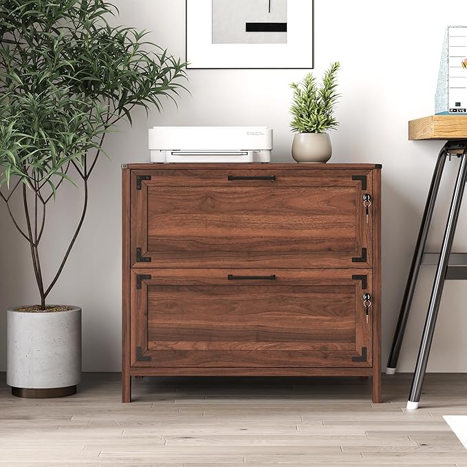 2 Drawer File Cabinet with Lock, Home Office Filing Organizer, for Letter Legal A4 Size Labeled Folders File Folder Storage, Wood Lateral Filing Cabinet (Walnut-W31.5*D20*H28.98in)