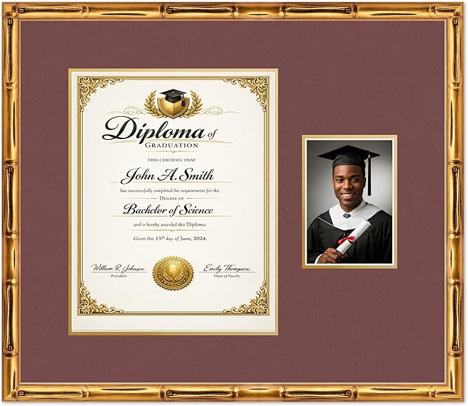 CountryArtHouse Fits 11 x 14 College Diploma (Portrait) and 5 x 7 Photo Diploma and Photo Frame Gold Bamboo Genuine Hardwood with Dark Red Over Metallic Gold Double mat
