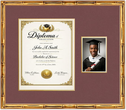 CountryArtHouse Fits 11 x 14 College Diploma (Portrait) and 5 x 7 Photo Diploma and Photo Frame Gold Bamboo Genuine Hardwood with Dark Red Over Metallic Gold Double mat