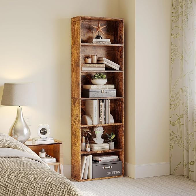 MXV Bookshelf, 6-Tier Open Bookcase, Storage Shelves, Display Storage Shelves, Floor Standing Unit, Home Decor, Furniture for Home Office, Living Room, Bedroom, Brown