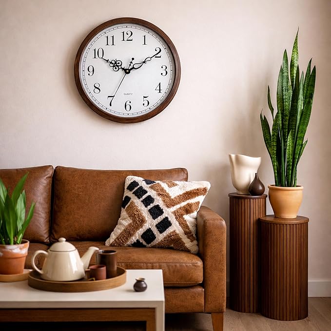 Bernhard Products Large Wall Clock 18 Inch Silent Non Ticking Movement Quartz Battery Operated Round Easy to Read Decorative Classic Brown Home/Kitchen/Office/Classroom/School Clocks, Black Numbers